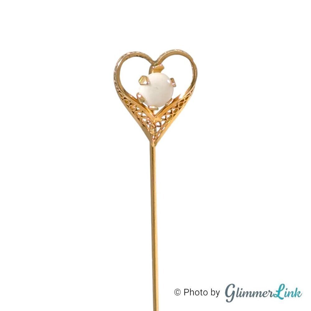 Vintage Filigree Heart Shape White Cabochon Gold Tone Stick Pin